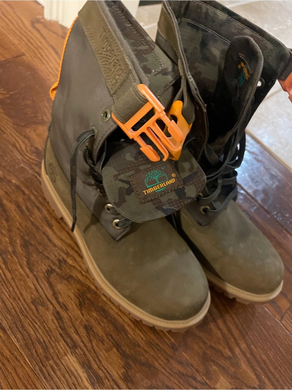 Timberland Kids Olive Green Boots with Camo Accents and Orange Pull